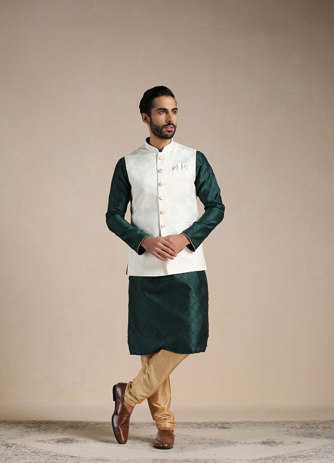 Buy Pearled Ivory Self Patterned Half Jacket Online in the USA Manyavar Nehru Jacket for Men